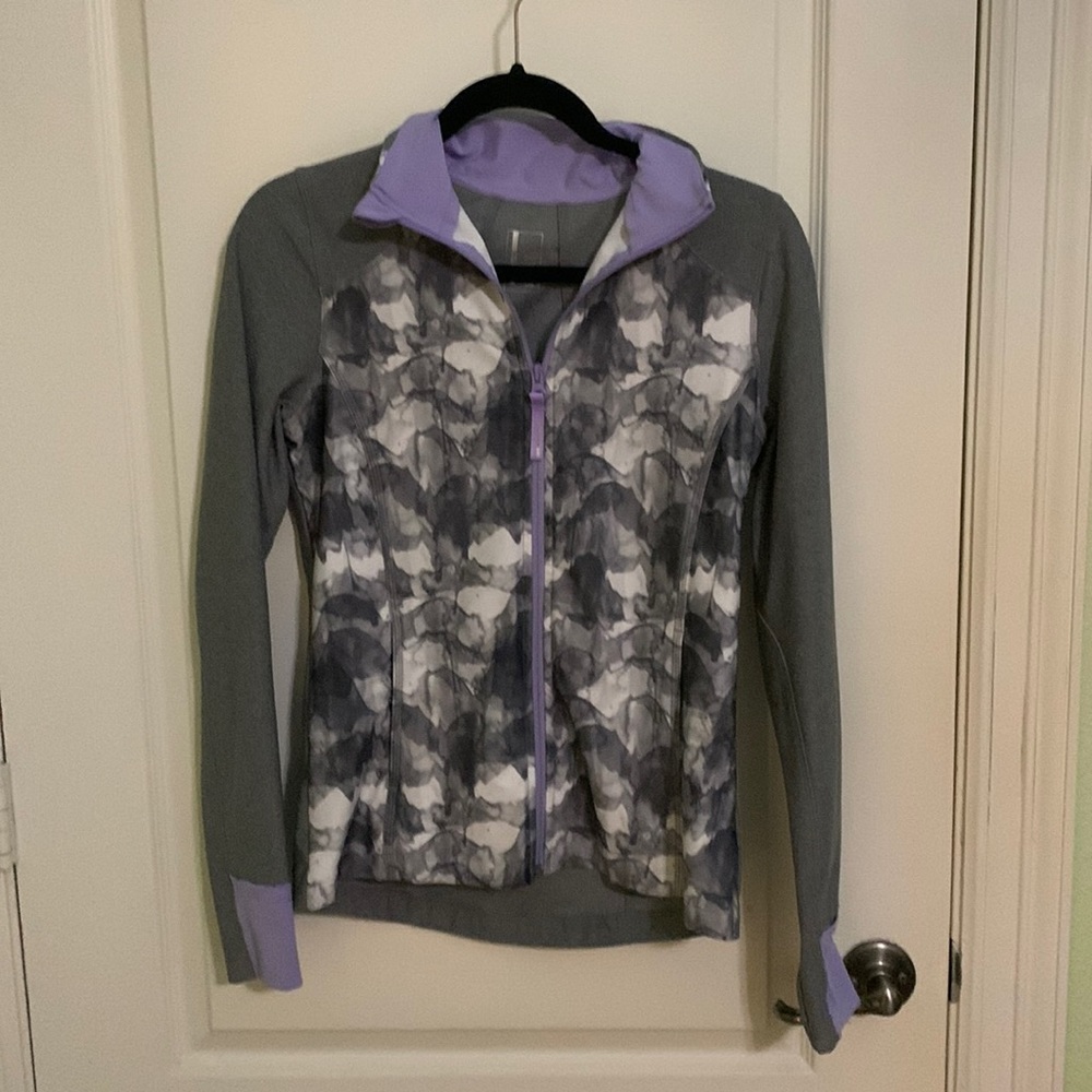 Purple and grey athletic jacket.